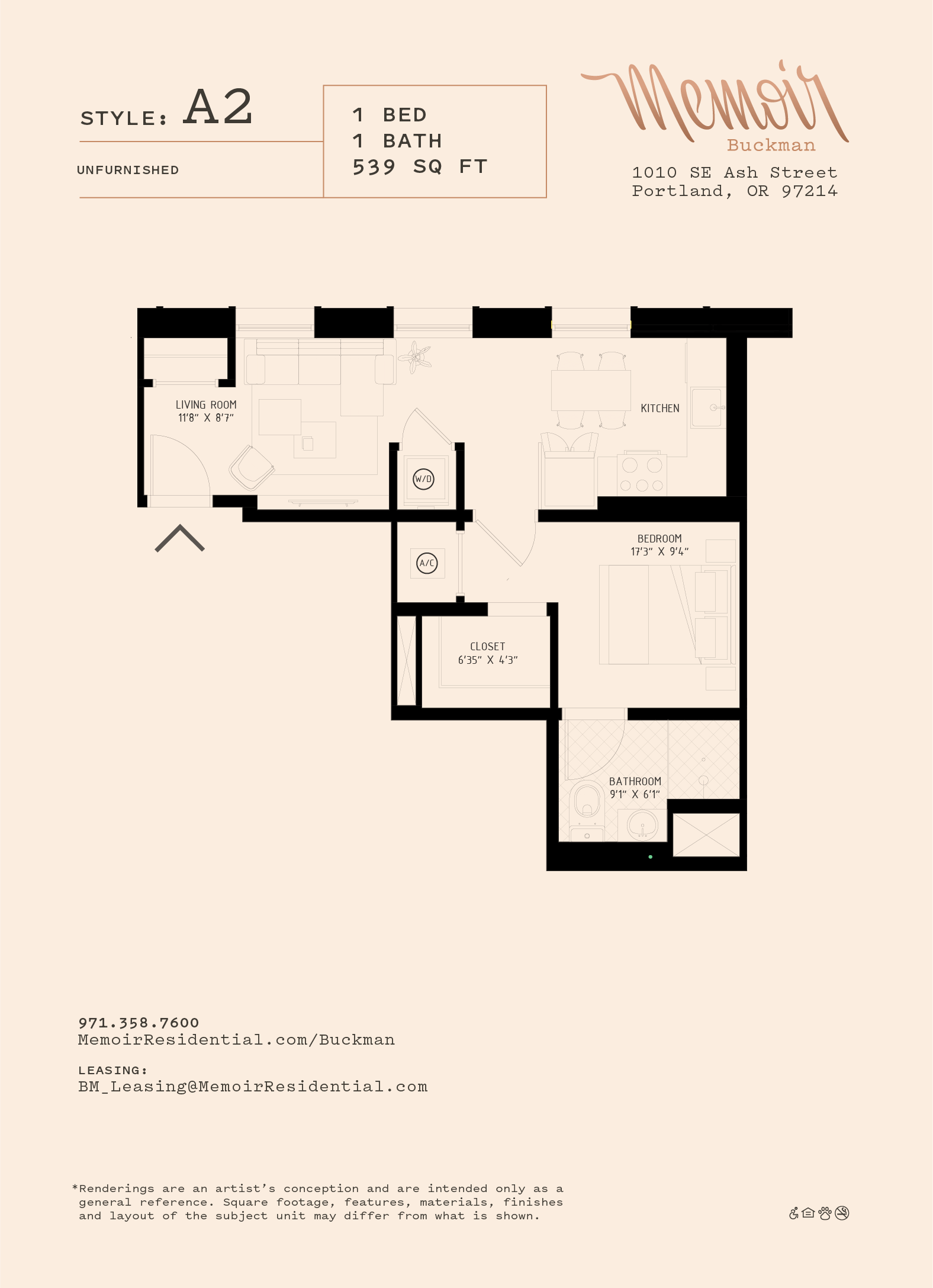Floor plan for 1 bed, 1 bath, 558 sqft